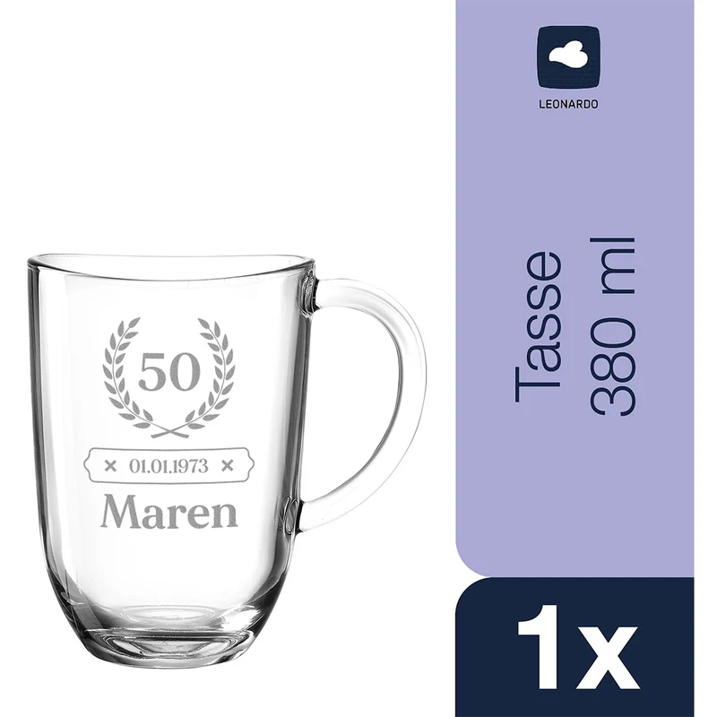 Teeglas 380 ml modern mit personalisierter Gravur - ideal zum Geburtstag