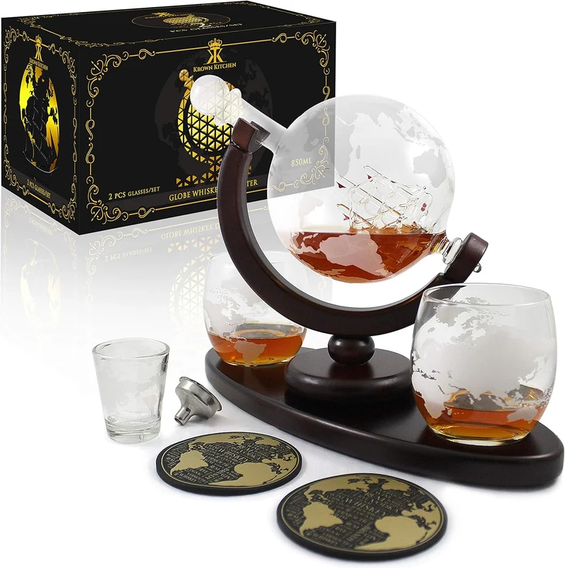 Whiskydekanter Globus mit 2 Gläsern