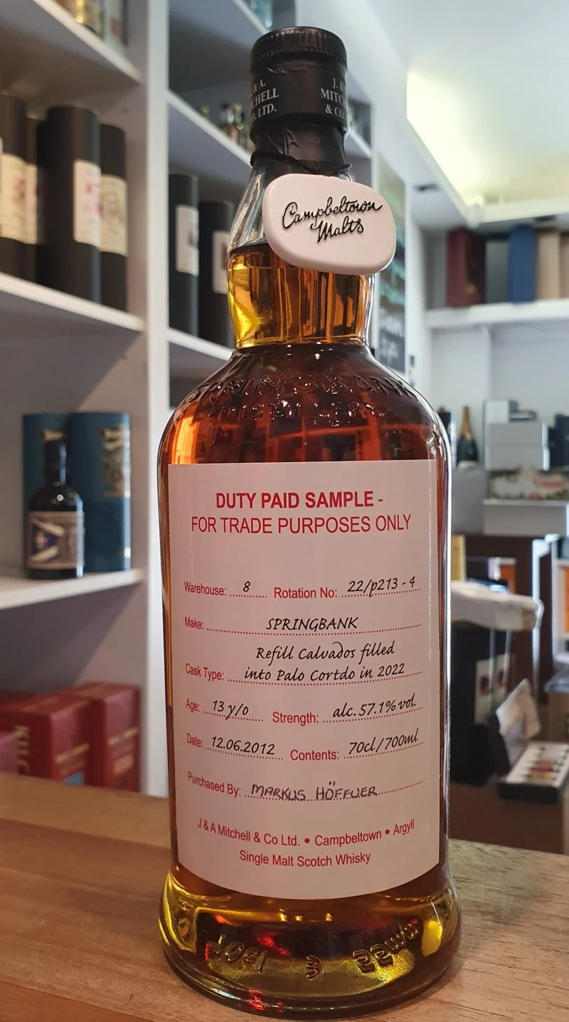 X Springbank Cage bottling 2012 distillery exclusive Calvados Cask 0,7l 57,1 % vol. Whisky w8 r22 p213 4 duty paid sample
