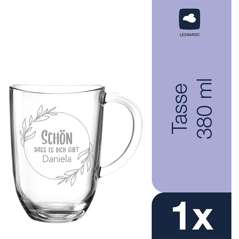 Teeglas groß 380 ml mit Motiv Gravur "Schön das es dich gibt"
