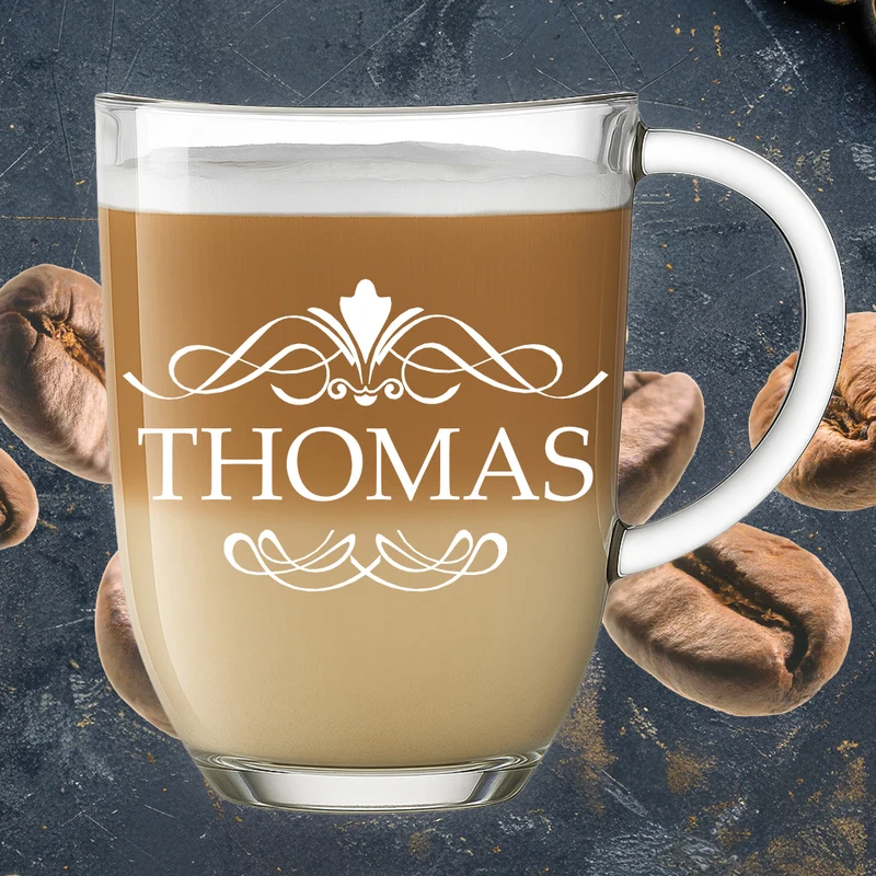 Glasbecher 380 ml für Kaffee & Tee mit Gravur - individuell personalisiert