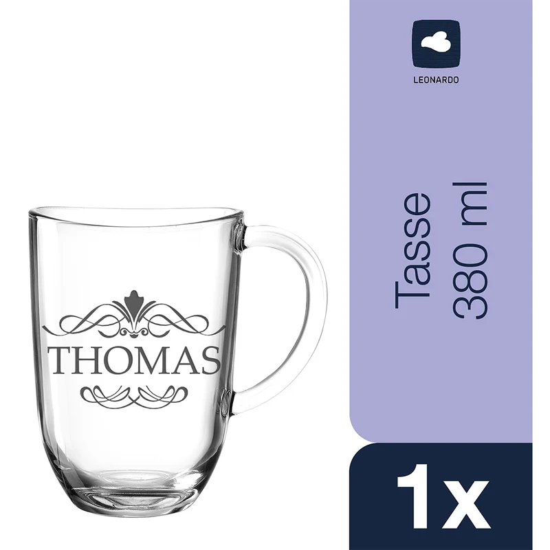 Glasbecher 380 ml für Kaffee & Tee mit Gravur - individuell personalisiert
