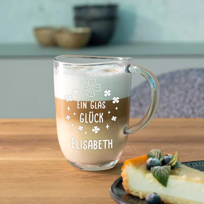 Kaffeeglas Becher 380 ml mit Gravur "Ein Glas Glück"