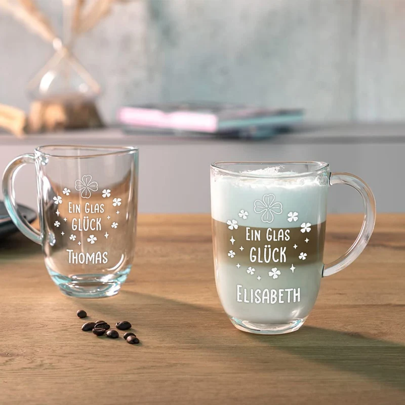 Kaffeeglas Becher 380 ml mit Gravur "Ein Glas Glück"