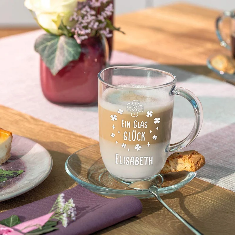 Kaffeeglas Becher 380 ml mit Gravur "Ein Glas Glück"