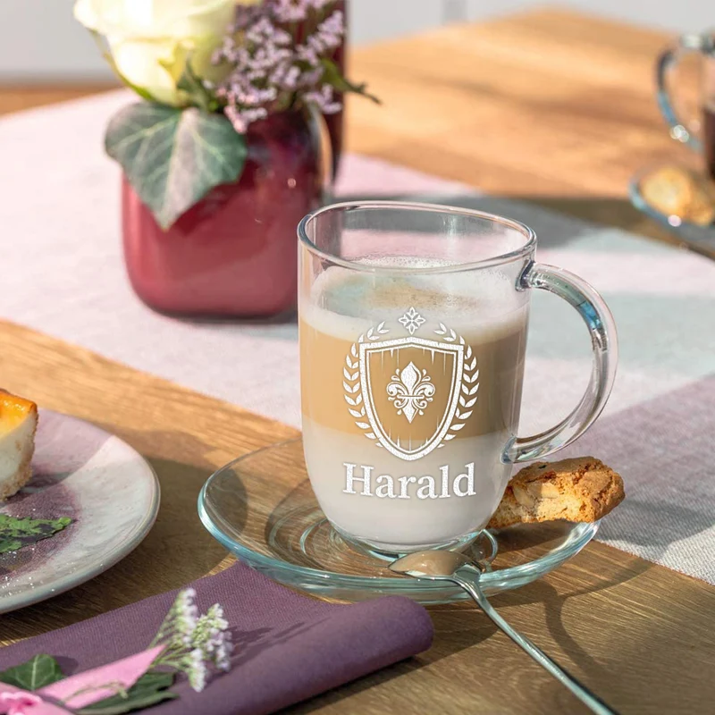 Trinkglas 380 ml für Kaffee & Tee mit Gravur - Motiv Fleur-de-lis