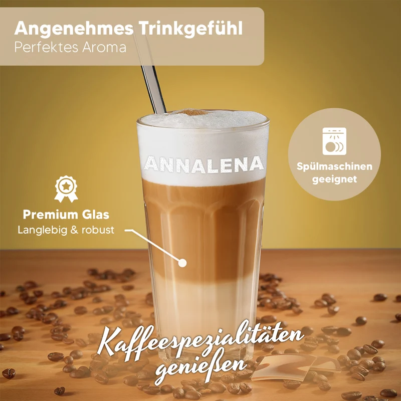 Kaffeebecher 480 ml aus Glas mit personalisierter Gravur - mit Namen
