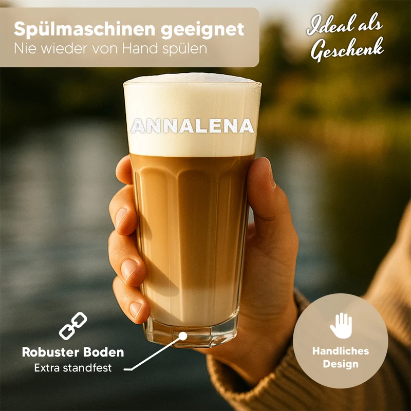 Kaffeebecher 480 ml aus Glas mit personalisierter Gravur - mit Namen