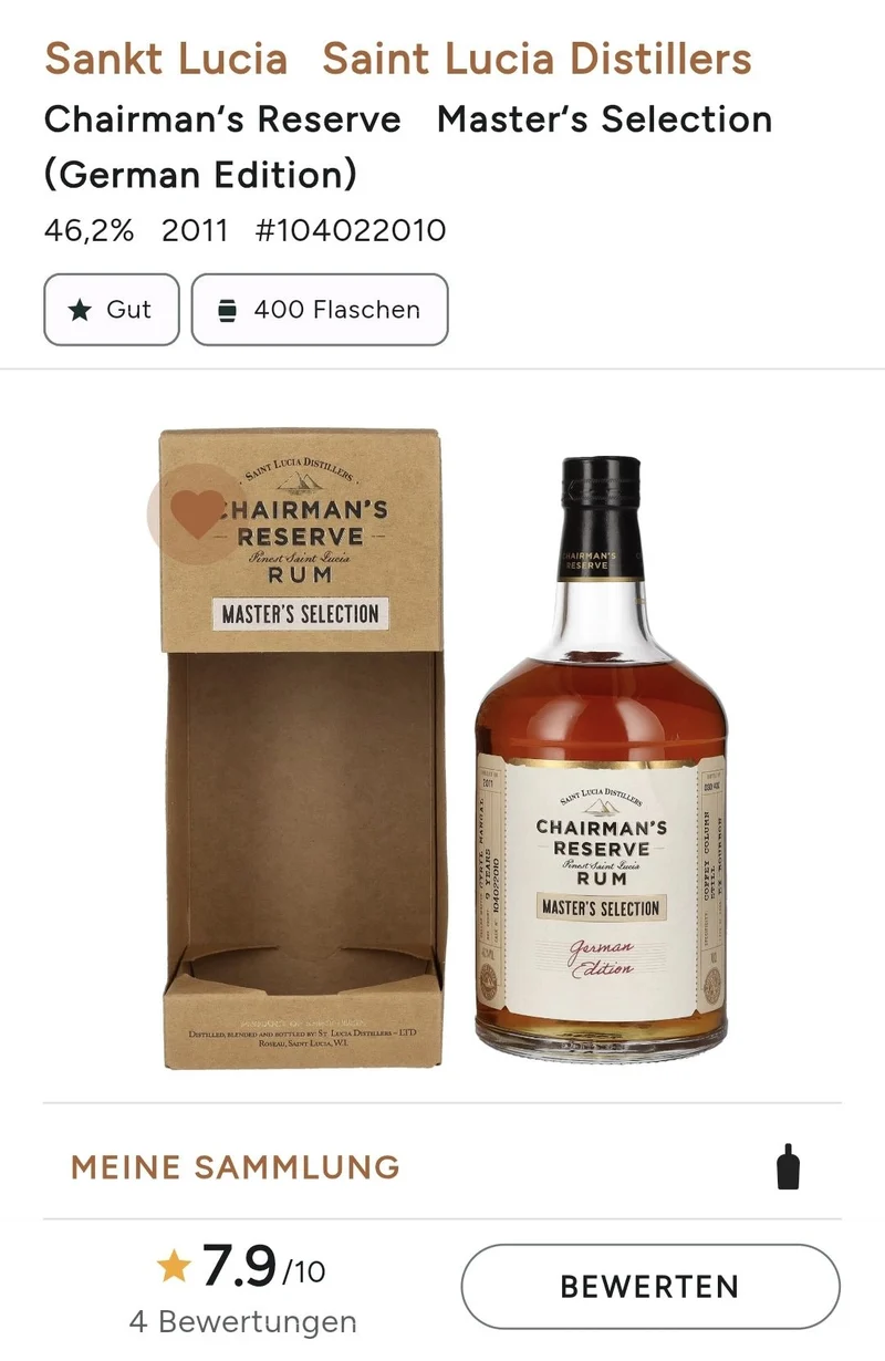 X Chairman's Reserve 2011 Master´s Selection Coffey Still 0,7l 46,2% vol. single cask Rum Fassabfüllung Sonderedition