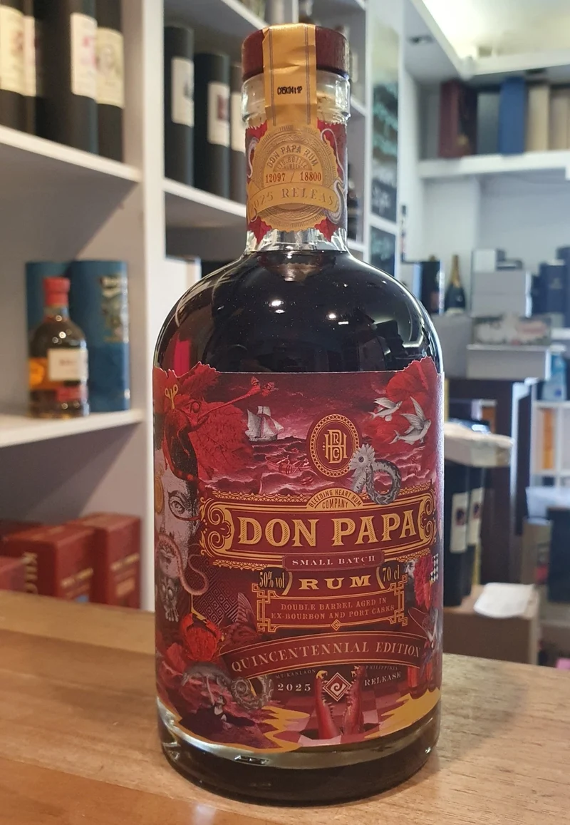 Don Papa Quincentennial 2025 Rum Port cask 7 y 0,7l 50 % vol. + OHNE + Geschenk Dose 500y Magellan
