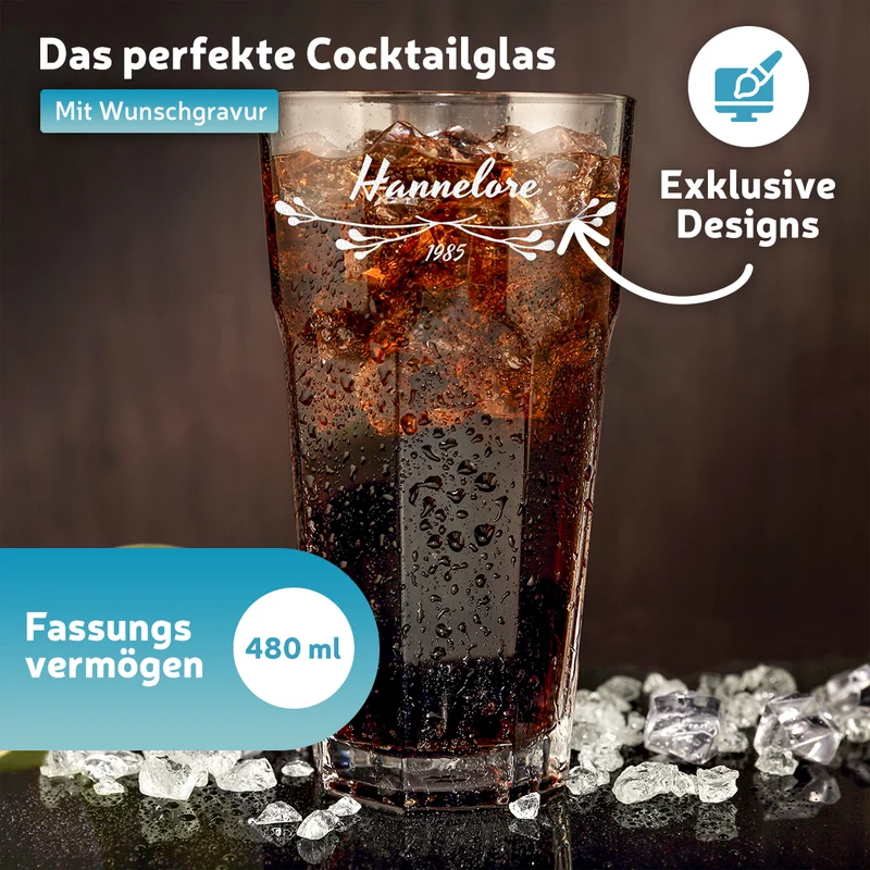 Wasser Trinkglas 480 ml mit personalisierter Gravur für Frauen
