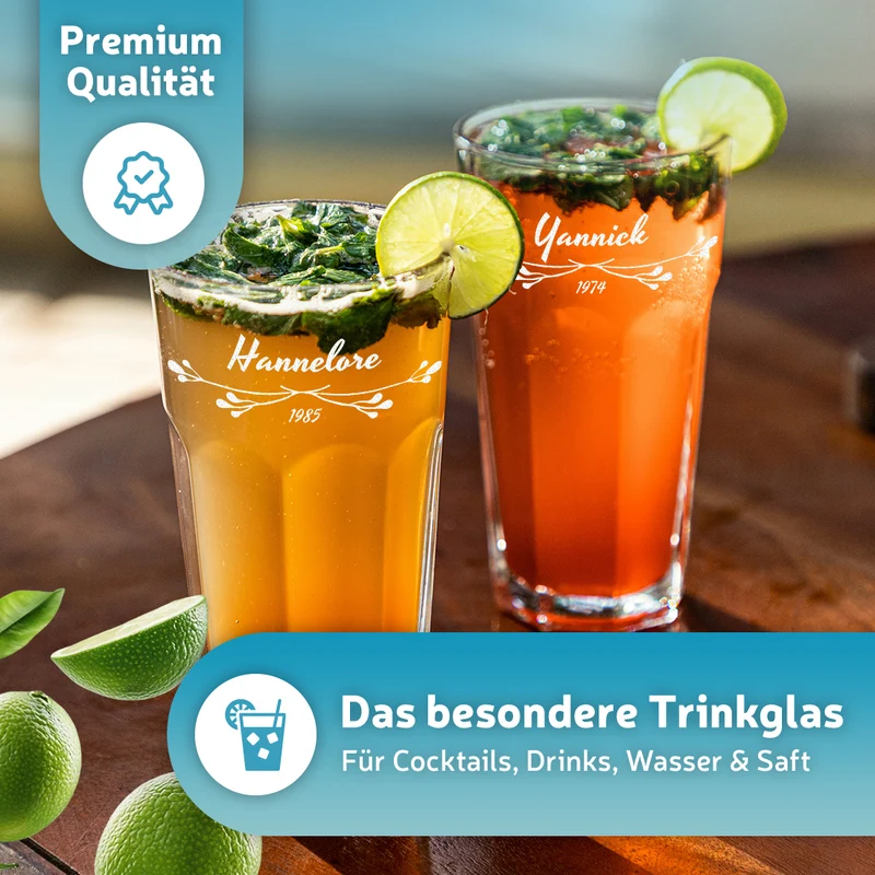Wasser Trinkglas 480 ml mit personalisierter Gravur für Frauen