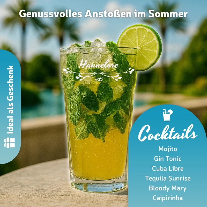 Wasser Trinkglas 480 ml mit personalisierter Gravur für Frauen