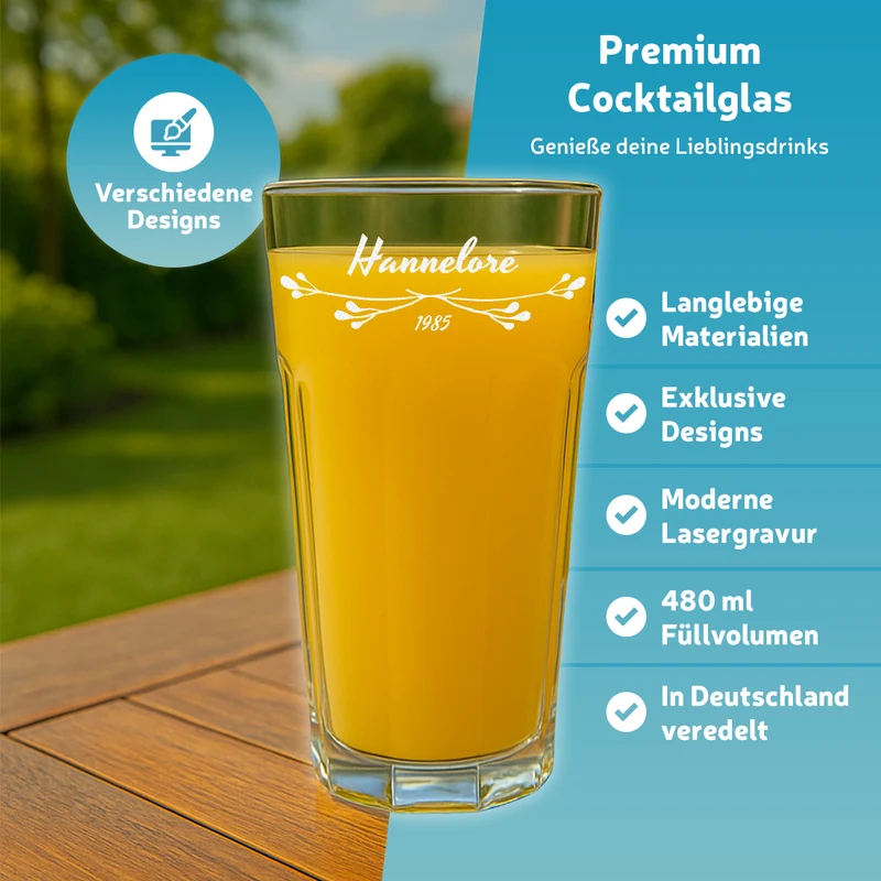 Wasser Trinkglas 480 ml mit personalisierter Gravur für Frauen