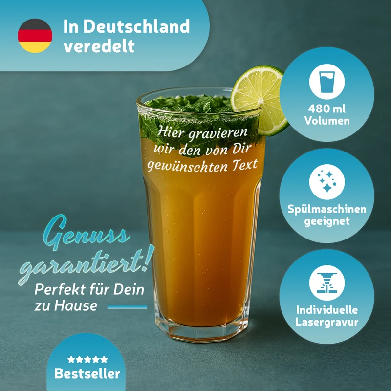 Trinkglas 480 ml für Wasser, Saft & Cocktails mit Gravur