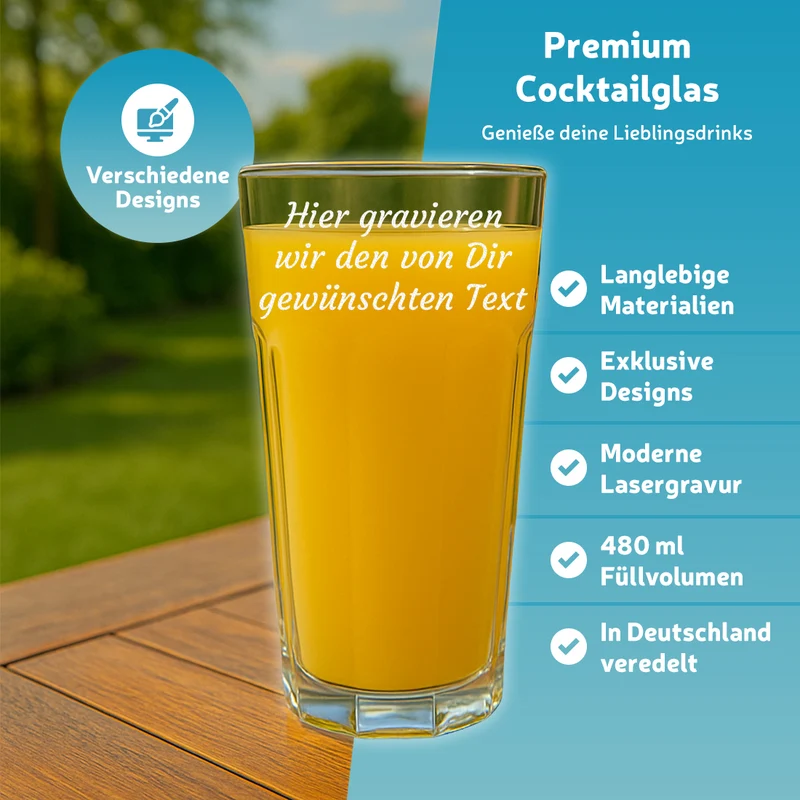 Trinkglas 480 ml für Wasser, Saft & Cocktails mit Gravur