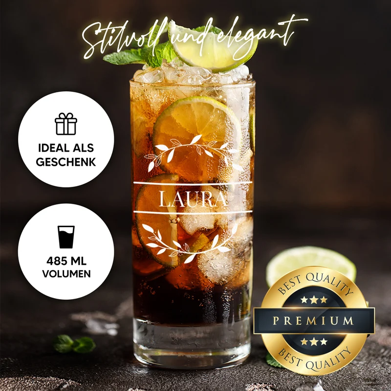 Longdrink Wasser Trinkglas 485 ml mit Gravur - Motiv Blätterkreis