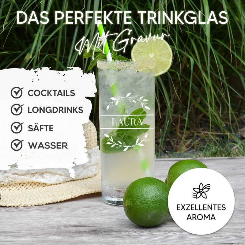 Longdrink Wasser Trinkglas 485 ml mit Gravur - Motiv Blätterkreis