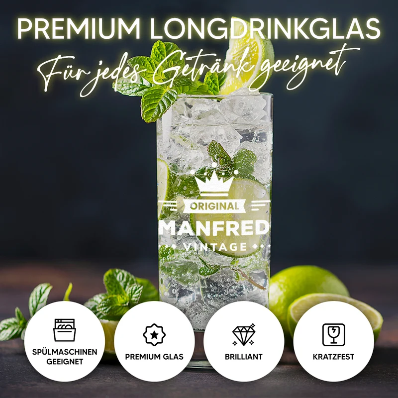 Wasser Trinkglas 485 ml mit Motiv Gravur "Vintage"