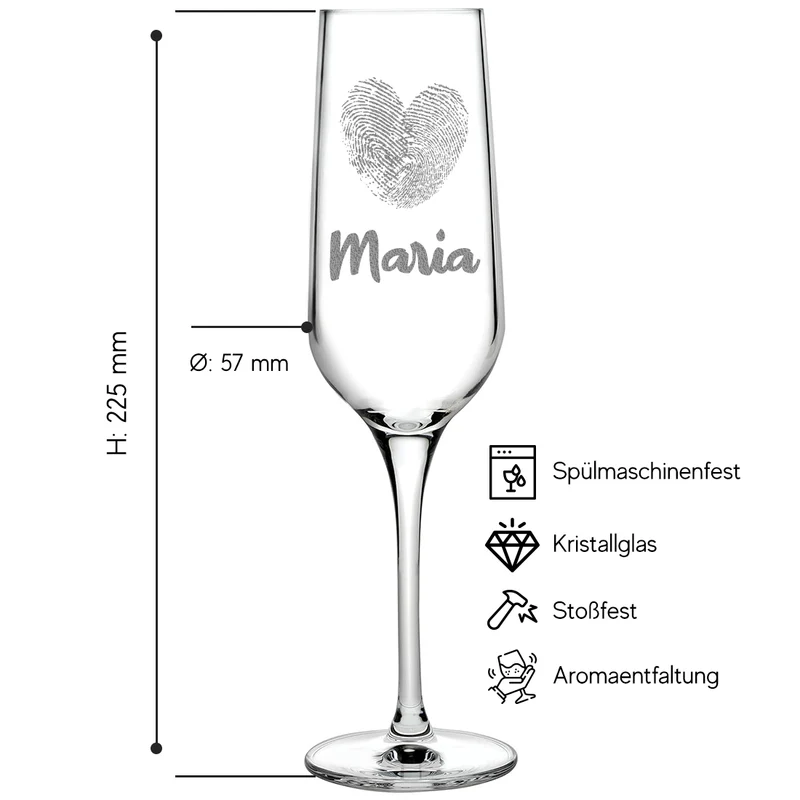 Personalisiertes Sektglas 195 ml mit Gravur "Herz-Fingerabdruck"
