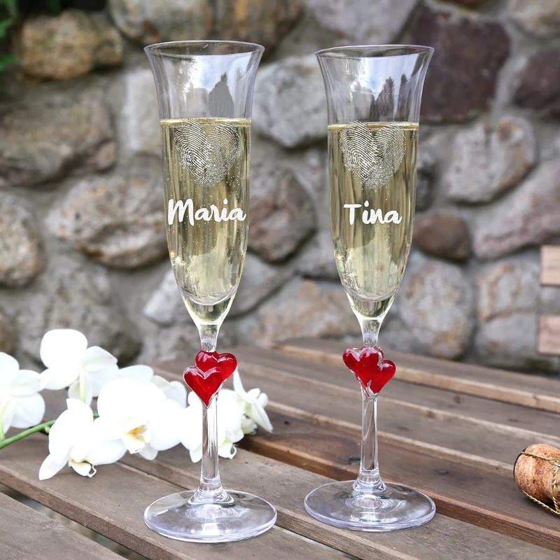 Sektglas 175 ml rote Herzen mit Gravur - Motiv Herz-Fingerabdruck