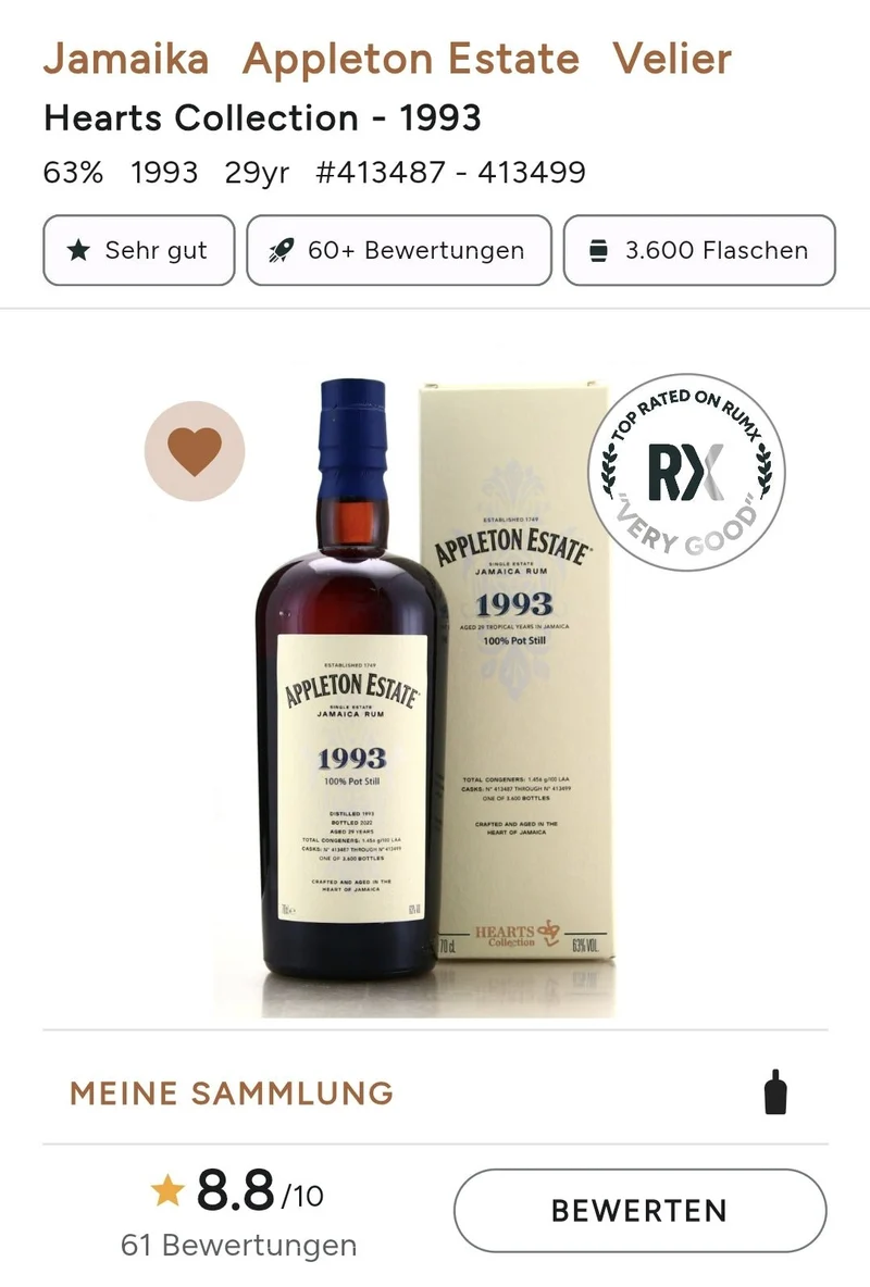 X Appleton 1993 Hearts Collection Jamaica Rum 0,7l 63% vol.