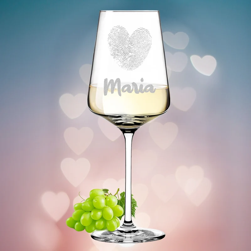 Modernes Weinglas 560 ml mit Gravur - Motiv "Herz-Fingerabdruck"