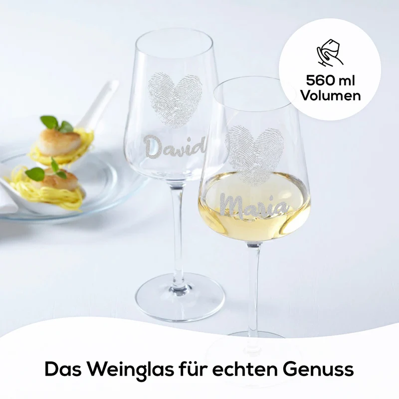 Modernes Weinglas 560 ml mit Gravur - Motiv "Herz-Fingerabdruck"