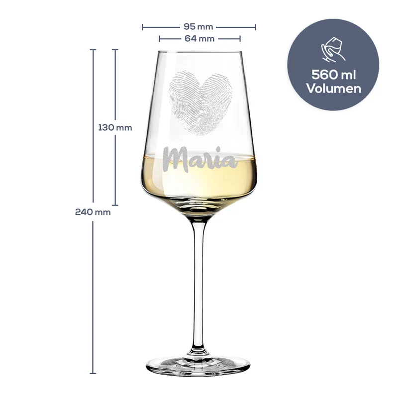 Modernes Weinglas 560 ml mit Gravur - Motiv "Herz-Fingerabdruck"
