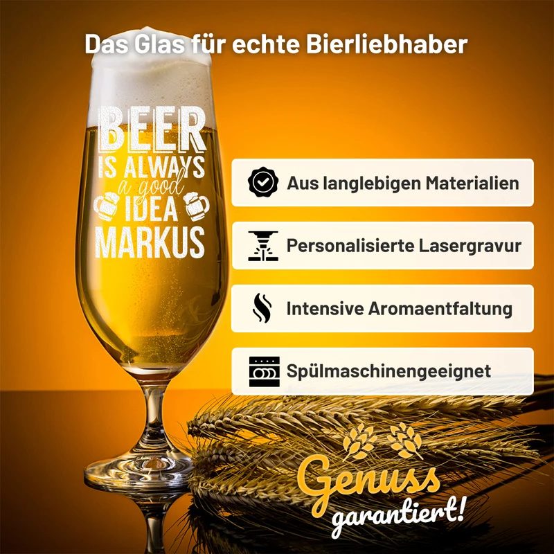 Pilstulpe Bierglas 0,3 L mit Gravur "Beer is always a good idea"