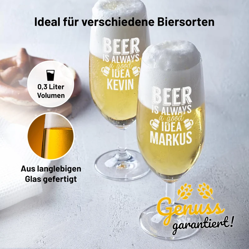 Pilstulpe Bierglas 0,3 L mit Gravur "Beer is always a good idea"