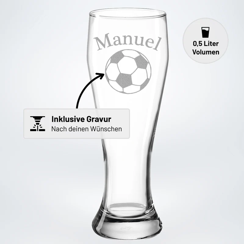 Weizenbierglas 0,5 Liter Fußball mit Gravur - Geschenk für Fußballfans