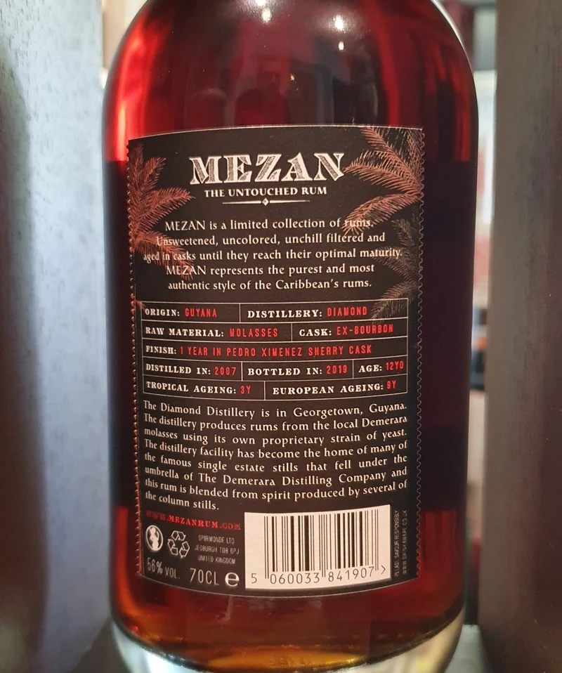 Mezan Diamond DDL Guyana 2007 Single cask 0,7l 56 % vol. Rum Bourbonfass, PX-