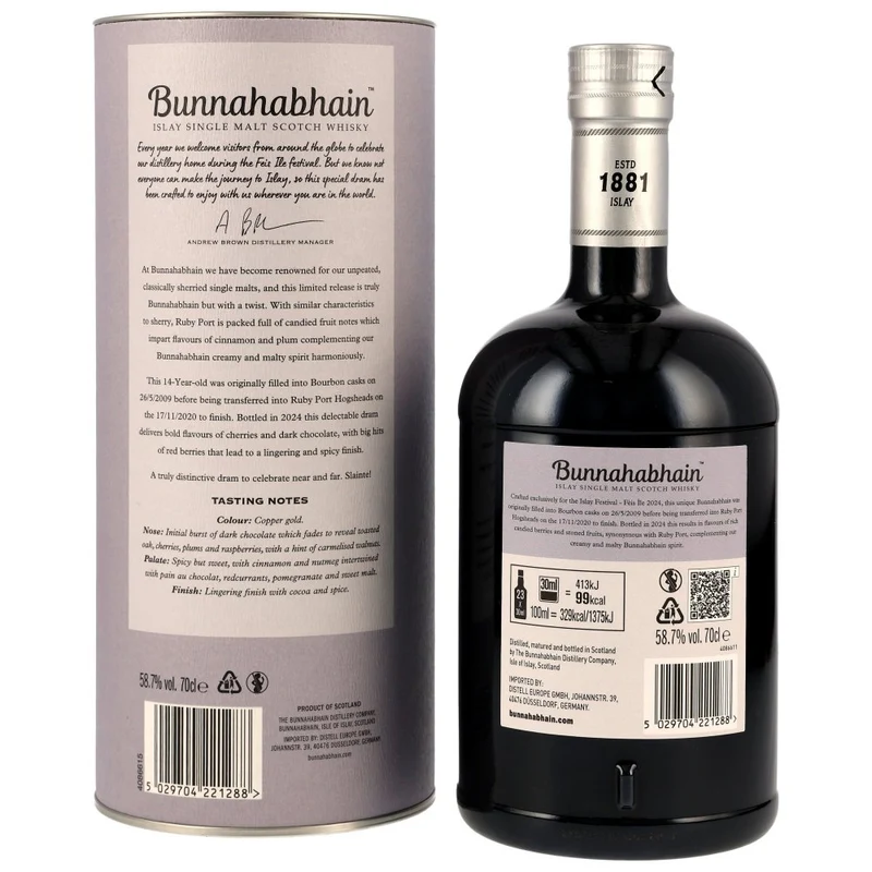 Bunnahabhain 14 Jahre Feis Ile 2024 Ruby Port Cask Finish 58,7% 0,7l