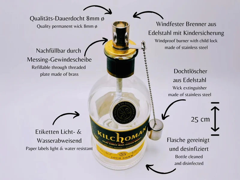 Whisky-Öllampe Kilchoman | Handgemachte Öllampe aus Kilchoma Whiskey Flaschen | Upcycling | Individuell | Geschenk | Schottland | Deko