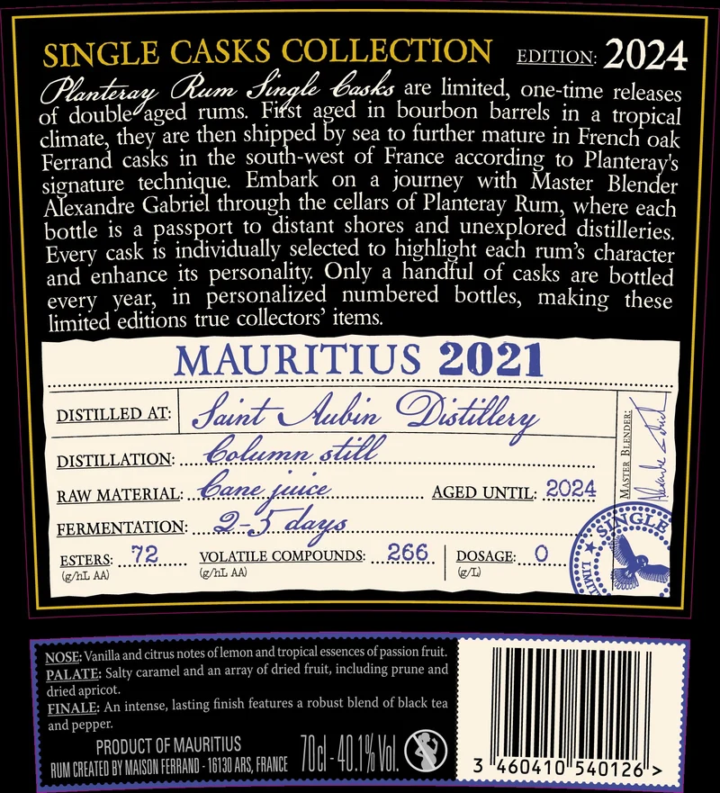 Planteray MAURITIUS 2021 0,7l 40,1% vol. single cask Rum Plantation