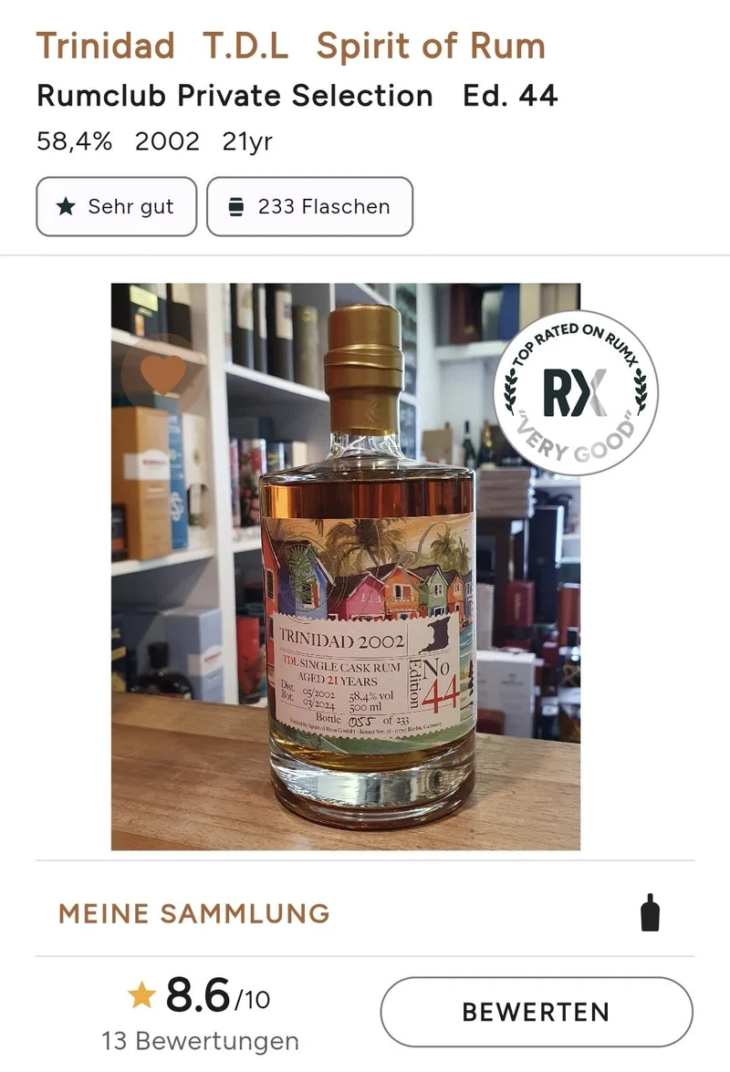 Rumclub Ed. 44 Trinidad 2002 TDL 21y 58,4% vol. 0,5l Single cask Rum club