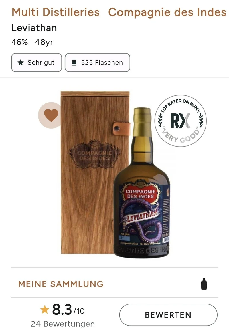 Compagnie de indes Leviatan Guadeloupe 1973 panama 1996 Nachfolger zu Kaiman Dist. 0,7l 46% vol. Single Cask RUM CDI