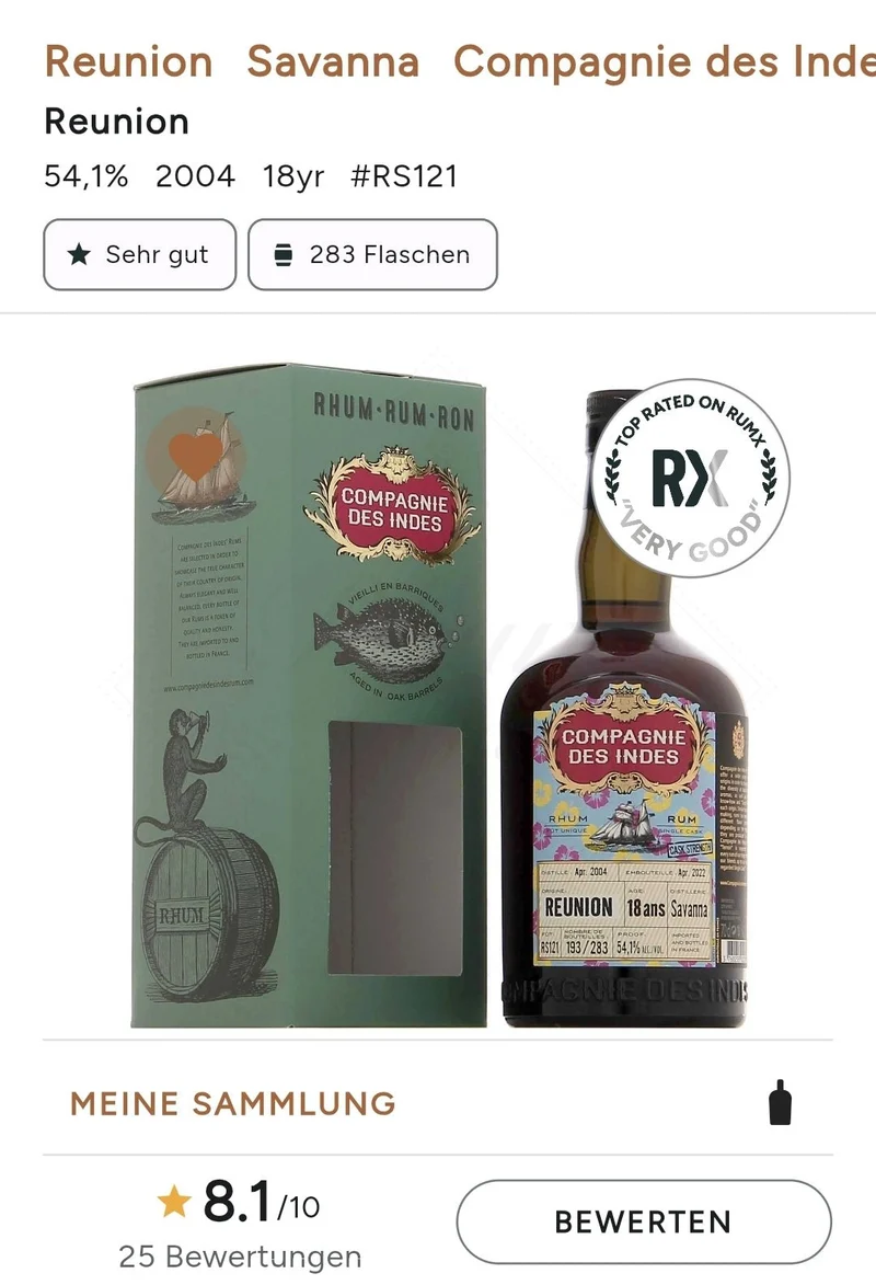 Compagnie des Indes Reunion 2004 2022 Savanna Dis. cdi Single Cask Rum 54,1% vol. 0,7l Cask strength Fassabfüllung Sonderedition limitiert auf ein Fass