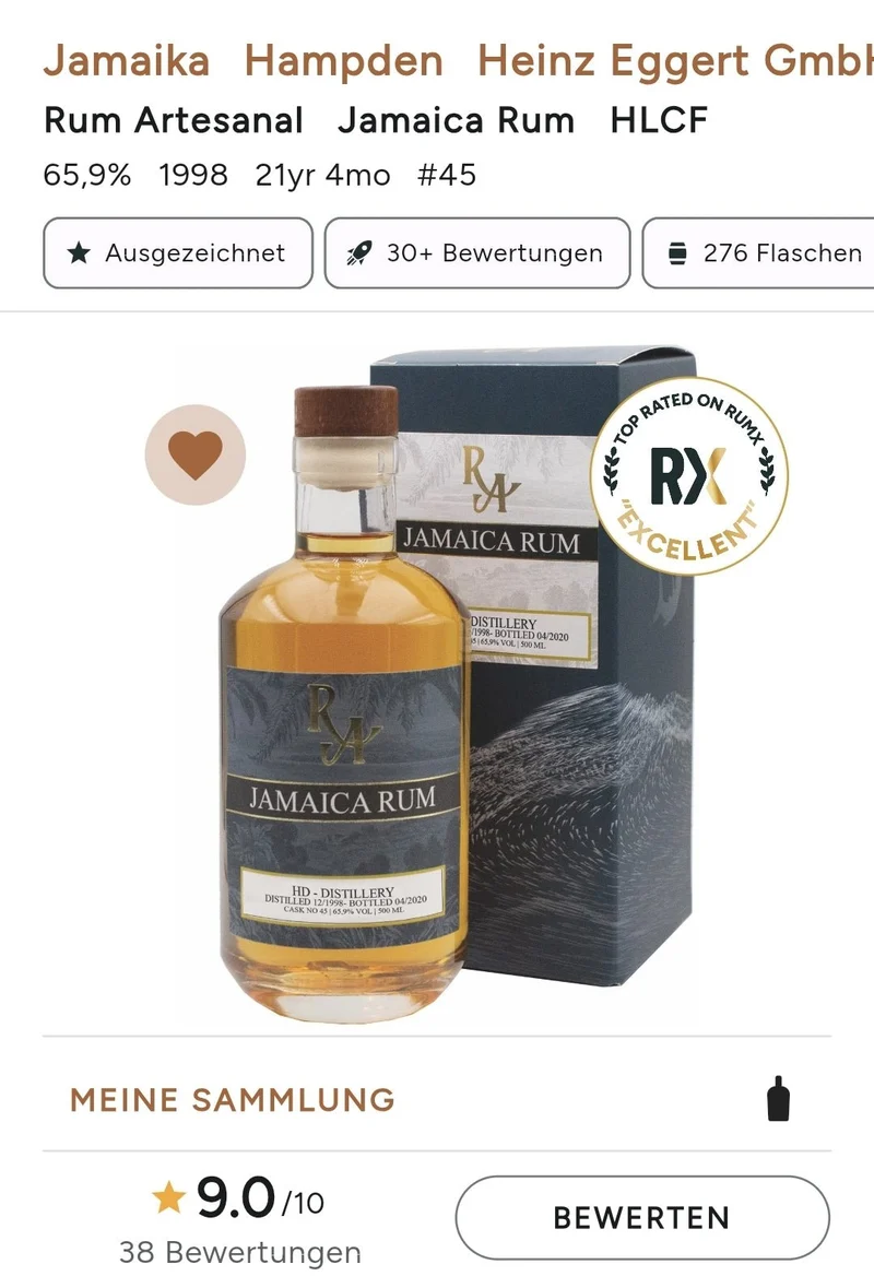 X RA Jamaica HD Hampden 1998 2020 HLCF 0,5l #45 65,9% vol.single cask Rum Artesanal