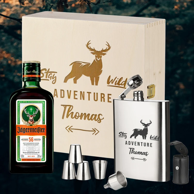 3-Teiliges Geschenkset mit Jägermeister & Flachmann