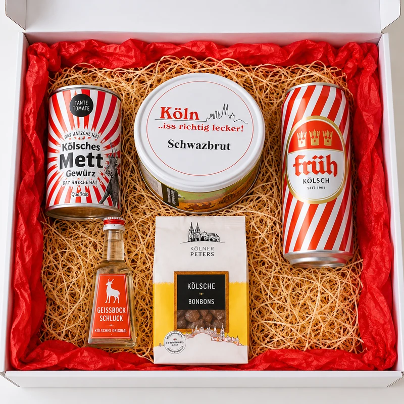 Geschenkbox „Köln du bes en Jeföhl“ – Kulinarisch jeck & herzlich op Kölsch mit typischen Produkten aus Köln