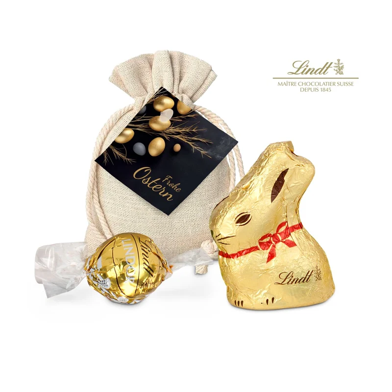Goldenes Ostersäckchen mit Lindt Goldhase und Lindorkugel – Geschenkset