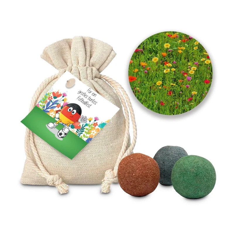Großes, buntes Fußballfest, 3 Saatkugeln im Säckchen – Geschenkset