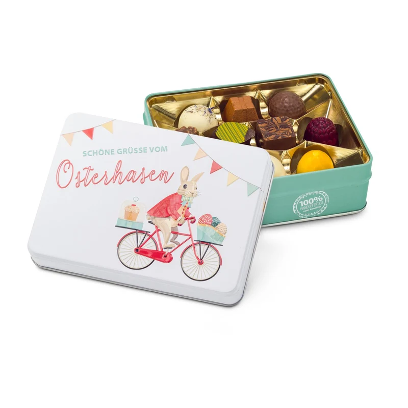 Hasenvater auf dem Fahrrad - Pralinendose mit 125 g – Geschenkset