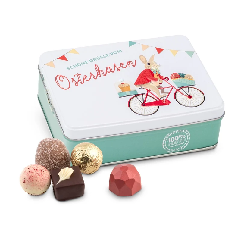 Hasenvater auf dem Fahrrad - Pralinendose mit 125 g – Geschenkset