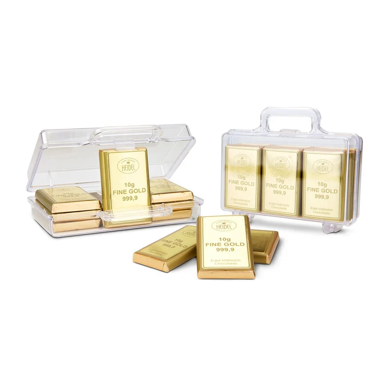Goldkoffer mit 12 Goldbarren, Edelvollmilch-Schokolade (120 g) – Geschenkset