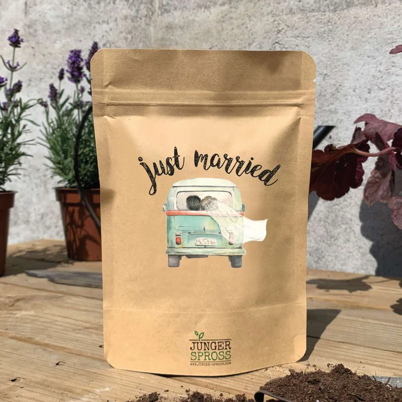 Botschaftsbeutel "Just married" zur Hochzeit mit toller Sonneblume