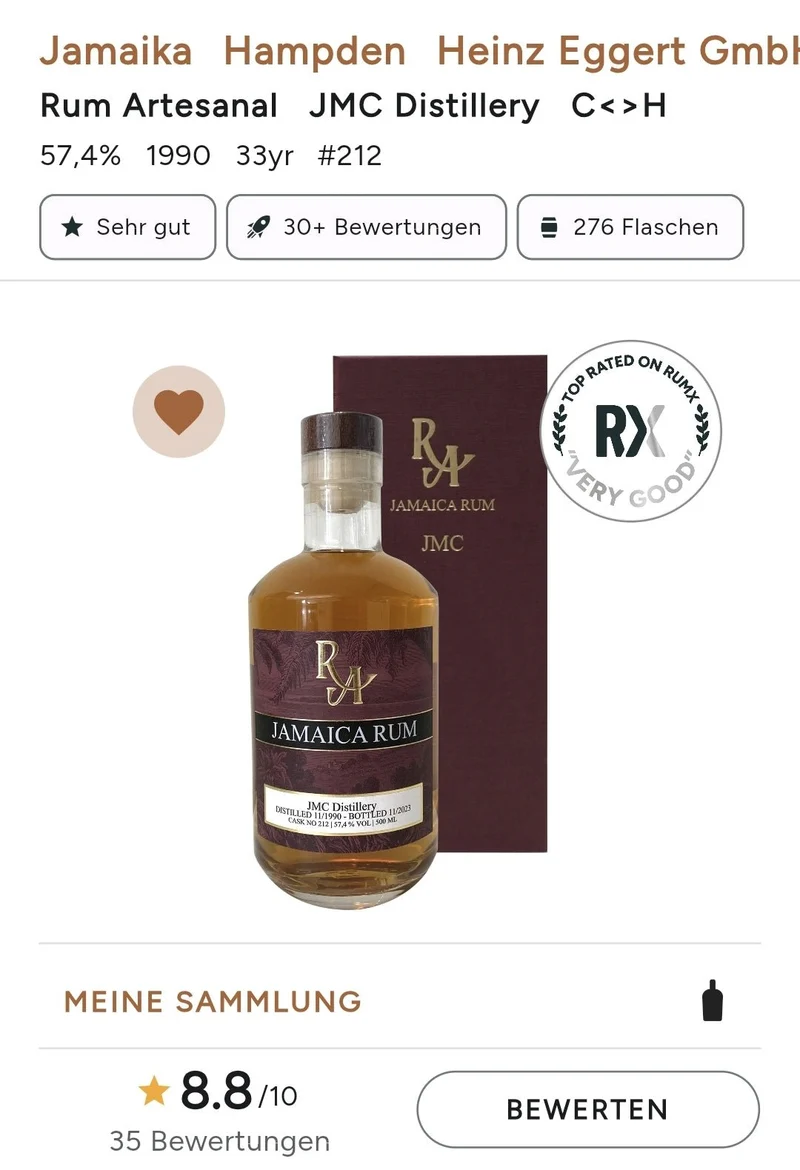 RA Hampden 1990 HD 33y JMC Dist. Jamaica #212 0,5l 57.4% vol.single cask Rum Artesanal