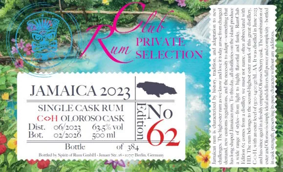 Rumclub Ed. 62 Hampden HD 2023 Jamaica C<>H 63,5 % vol. 0,5l Single cask Rum club Jamaika